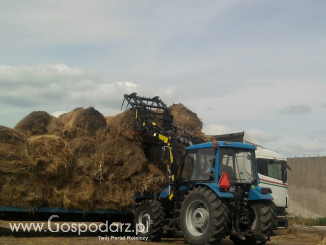 układanie beli siana na tirze 